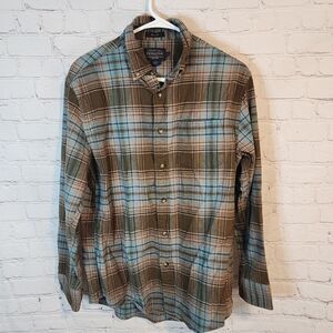 Men's Pendleton "Mason" Brown and Blue Plaid Button-Down Shirt, Size Medium